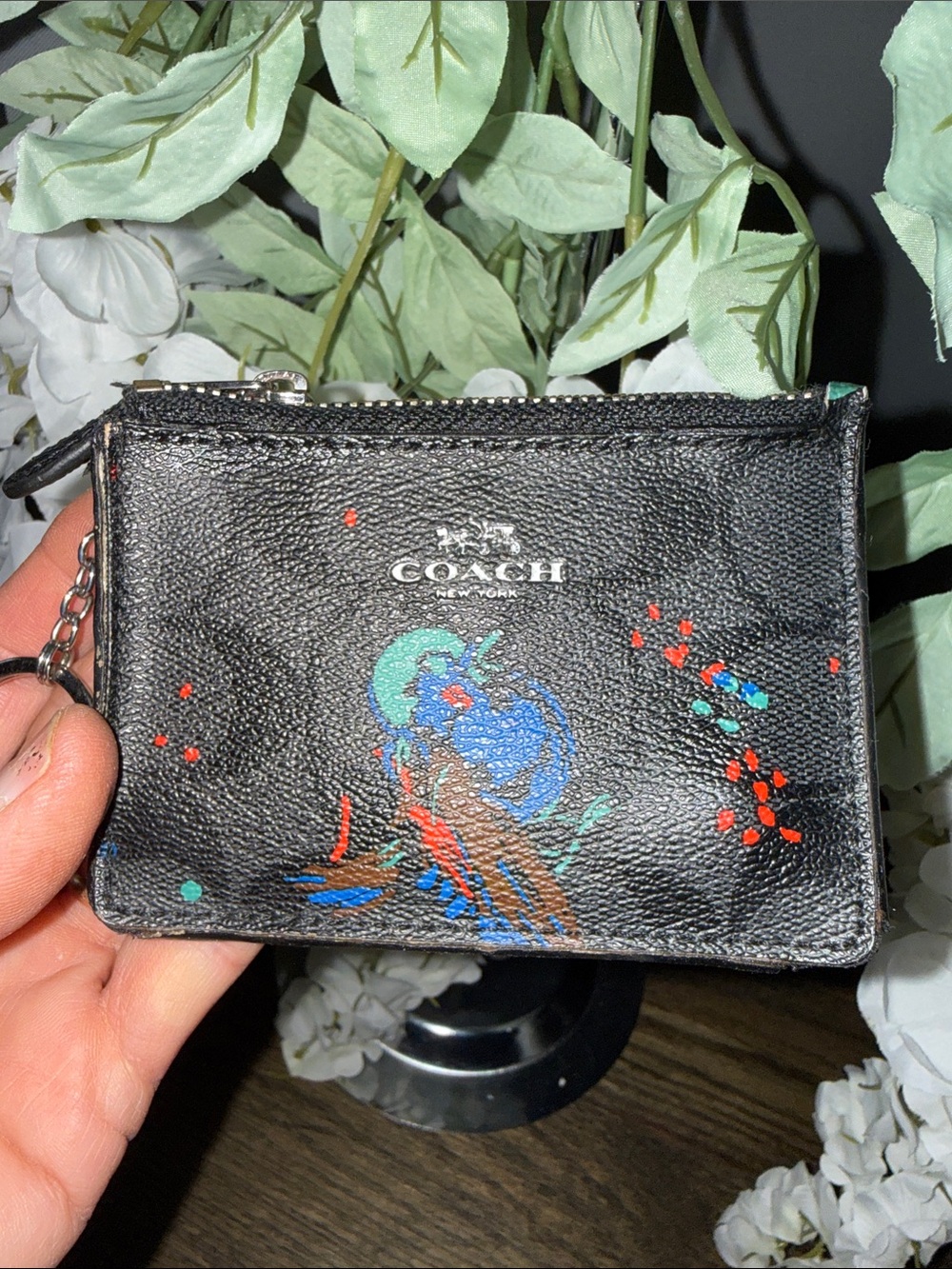 Coach Wallet Bird Print Black Smoke Signature ID Case Holder Canvas Small F23616